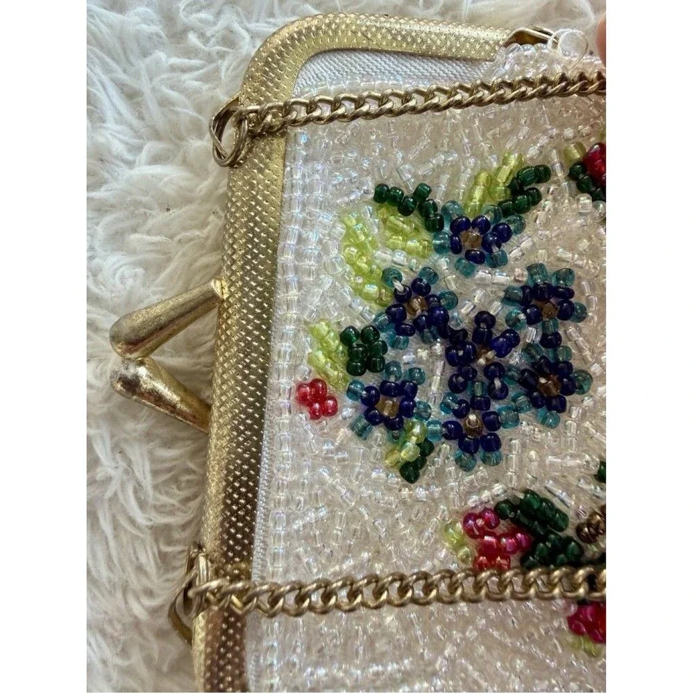 Vintage Floral Hand Beaded Fringe Chain Strap Tiny Seed Evening Purse Flapper
